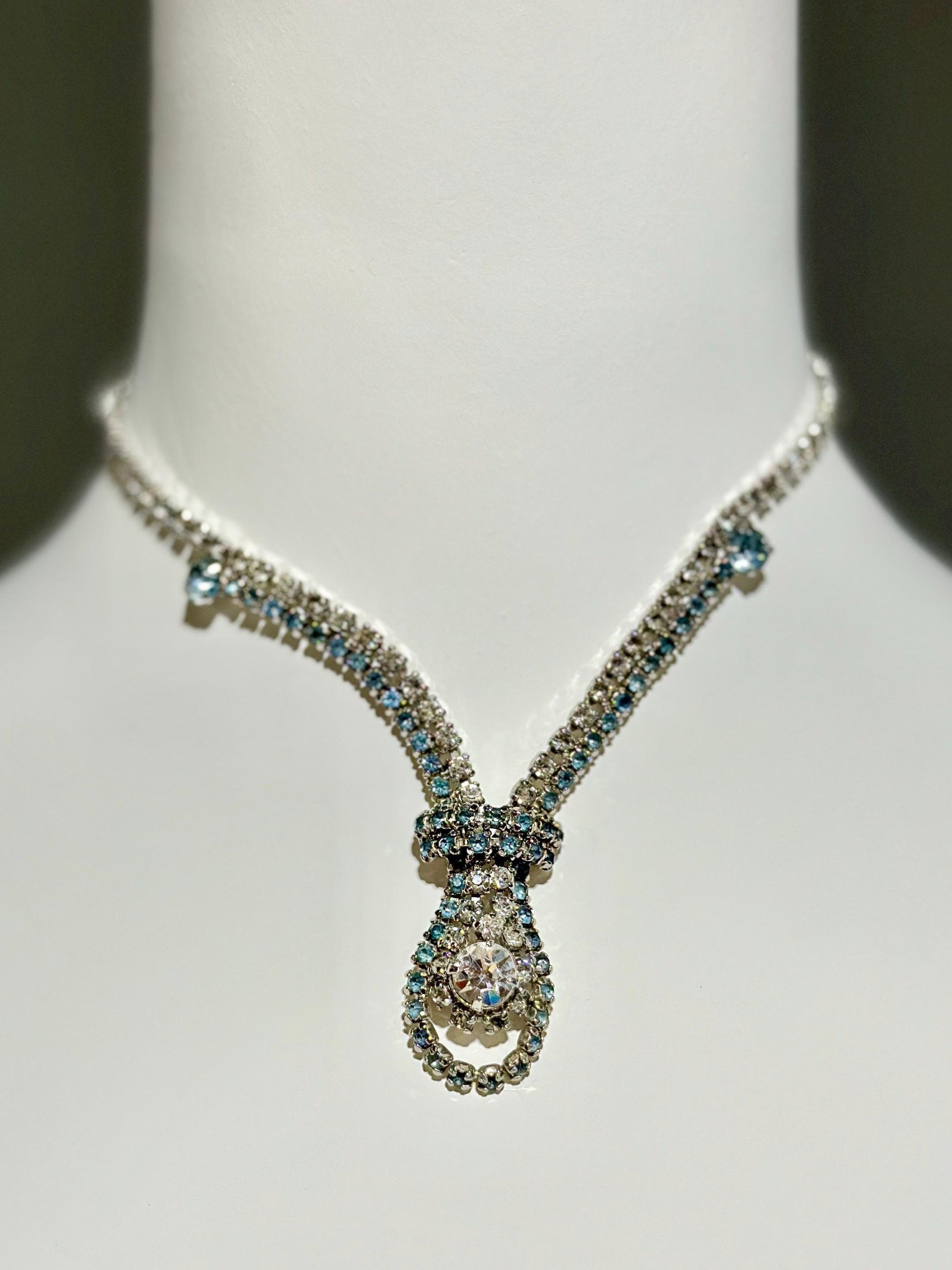 1950s vintage rhinestone necklace, clear crystal and blue rhinestone drop necklace