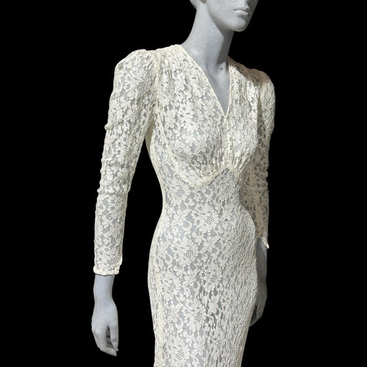 1940s vintage wedding bridal dress, white see through lace sheath full length gown