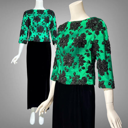 SAKS FIFTH AVE 1960s vintage evening dress, Beaded Black Velvet Green Satin 2 piece long dress