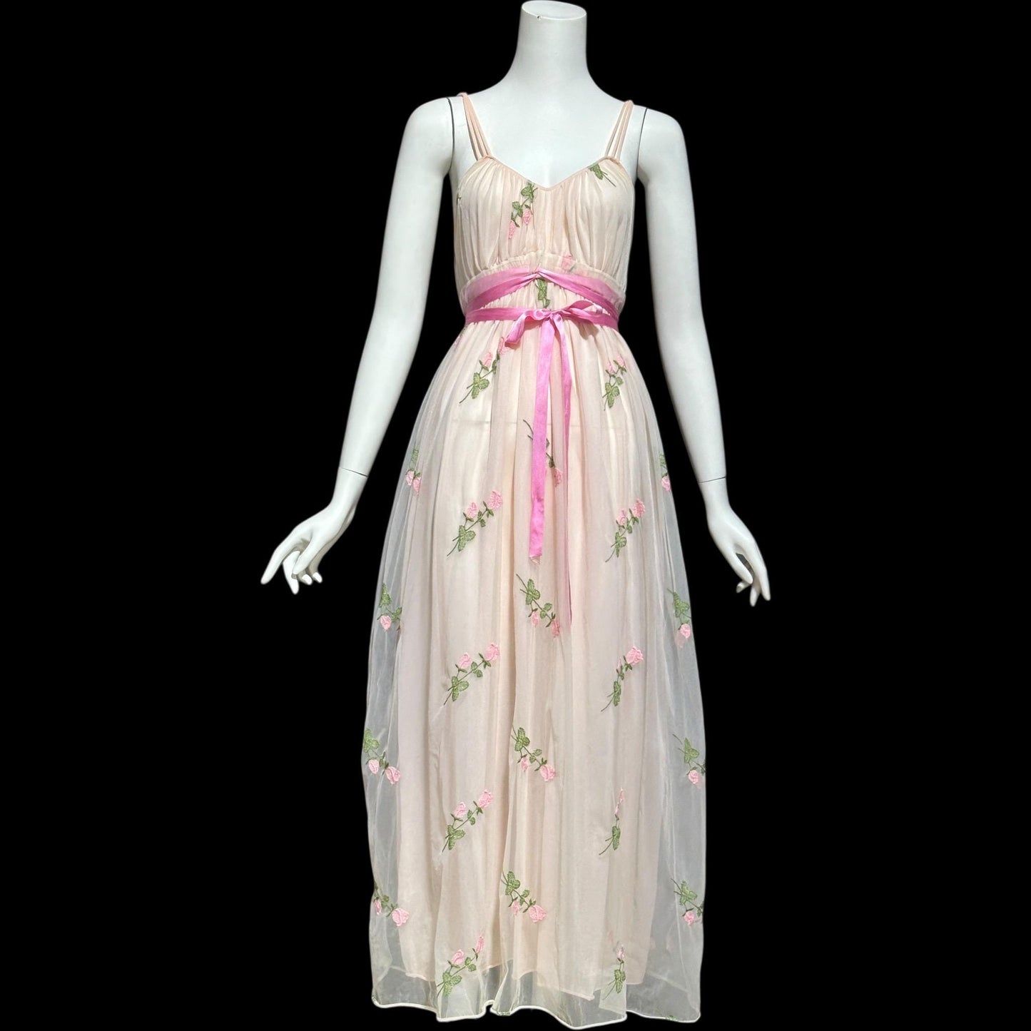 1950s Vintage nightgown slip dress, pink embroidered scattered rosebuds, Grecian Goddess Negligee