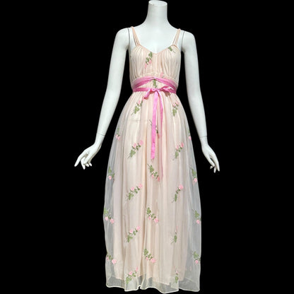1950s Vintage nightgown slip dress, pink embroidered scattered rosebuds, Grecian Goddess Negligee