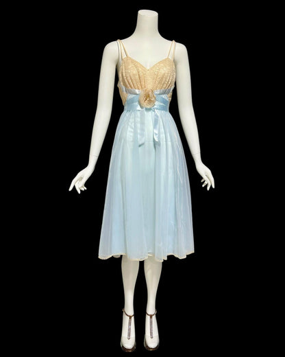 VANITY FAIR vintage 1950s nightgown, Powder Blue Nylon Lace House Dress Grecian Goddess