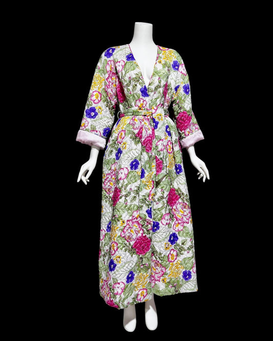 MARY MCFADDEN vintage quilted floral robe, 1980s bold flowers wrap front full length long robe, medium