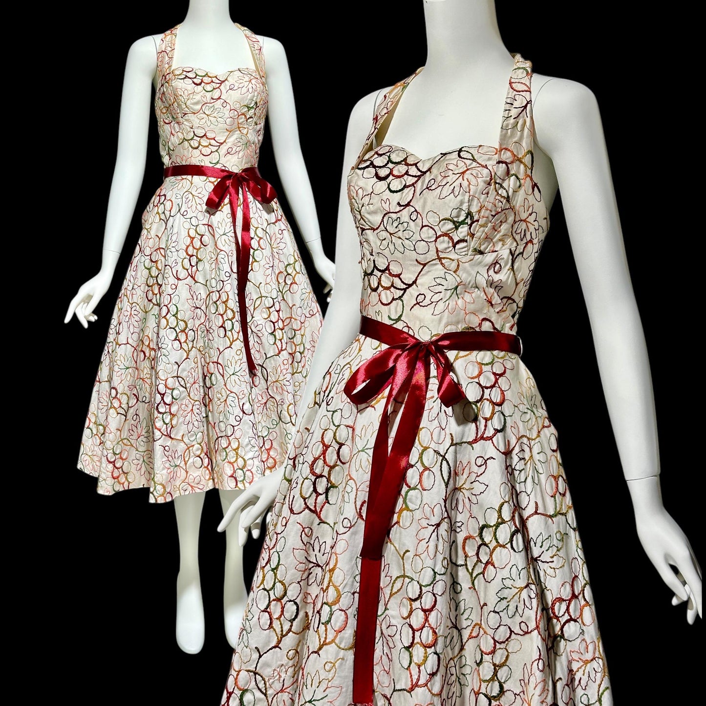 ALIX OF MIAMI, vintage 1950s Halter Sundress, cotton pinup dress with embroidery