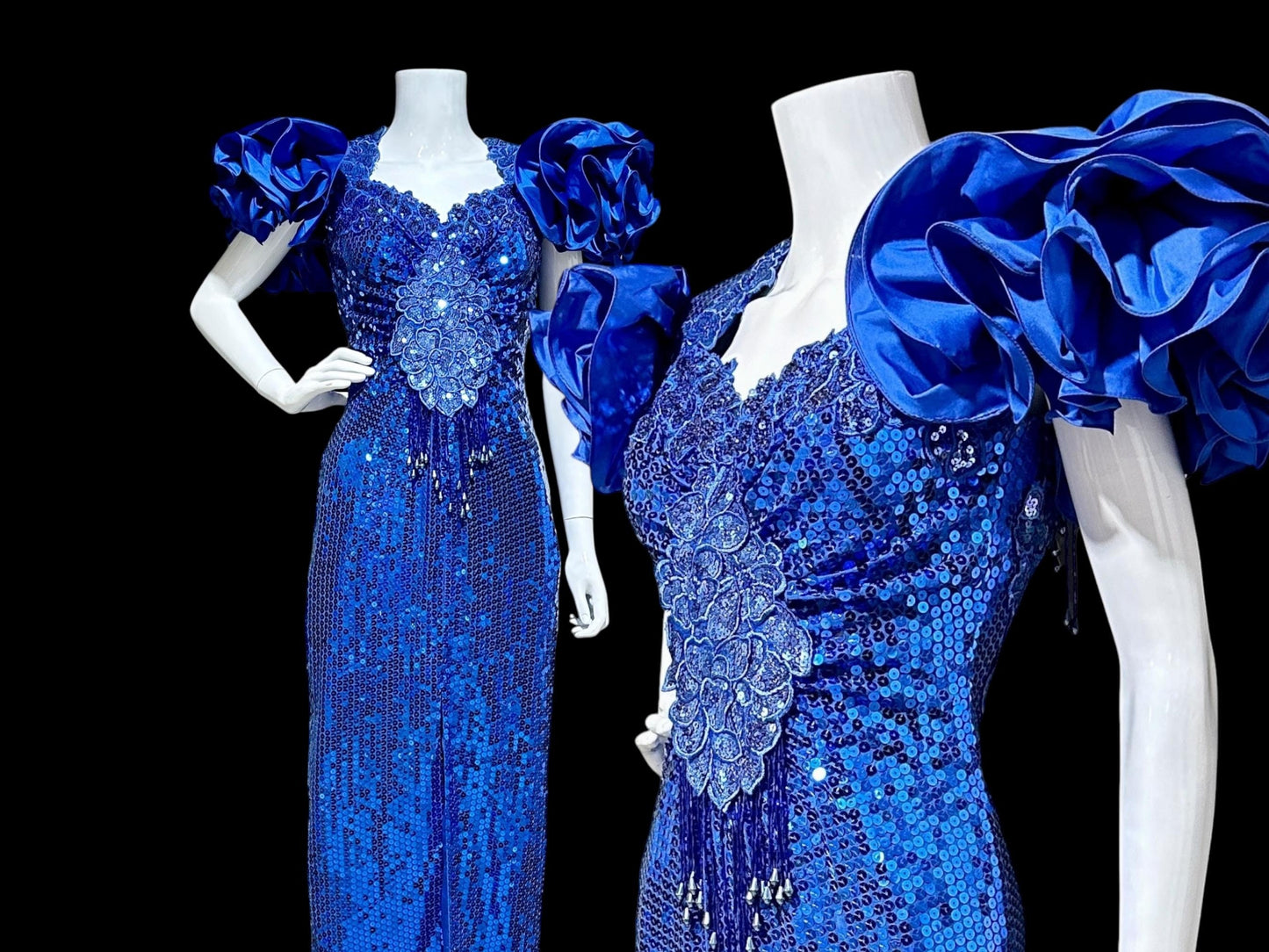 ALYCE DESIGNS 1980s vintage dynasty glam evening gown, Sapphire blue sequins sheath dress, ruffles open back