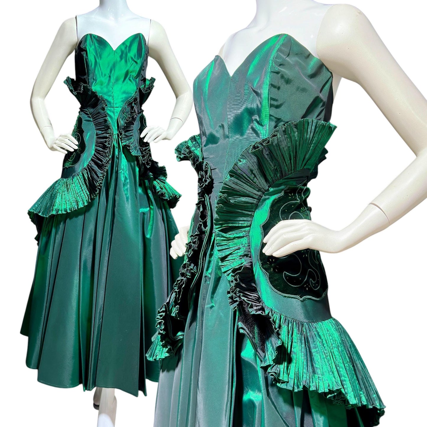 BLUME, vintage 1980s prom dress, Forest Green satin and ruffles, strapless cocktail party dress