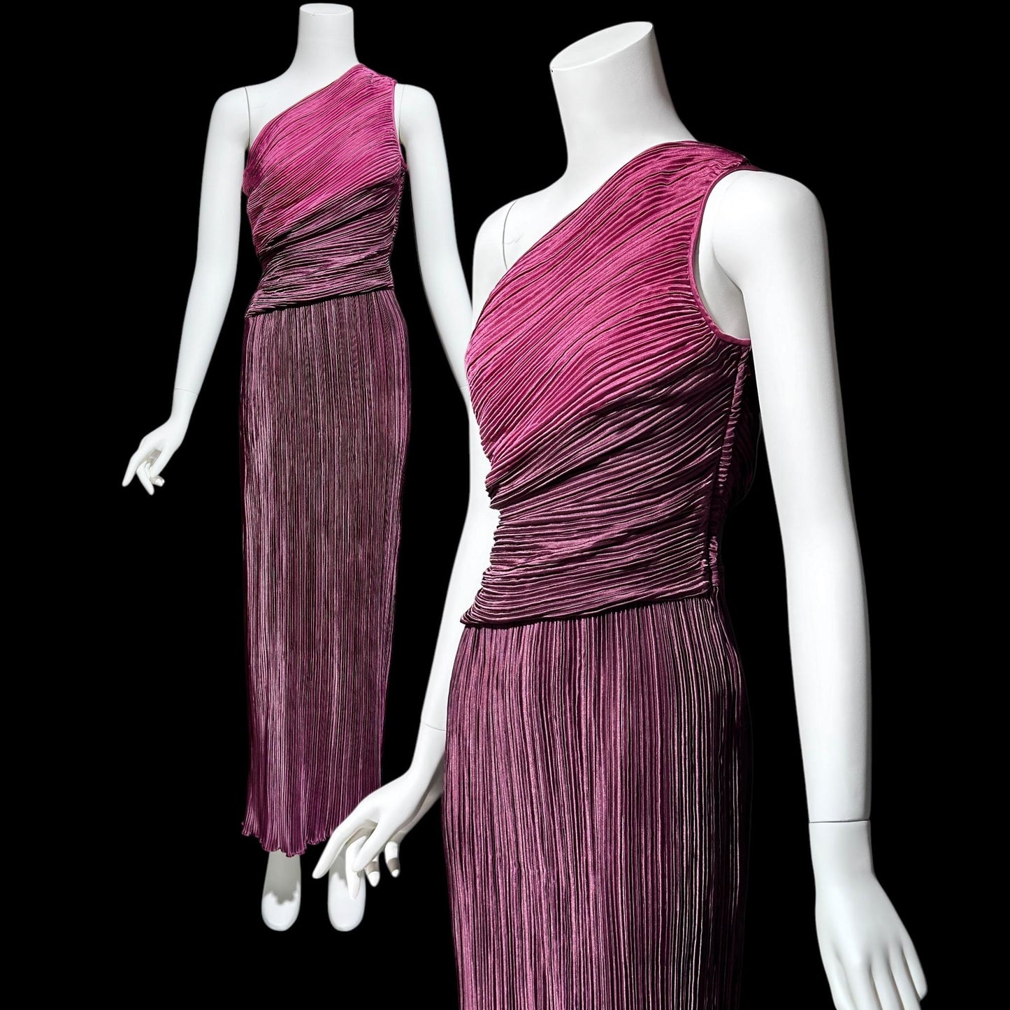 JERI vintage evening dress gown, 1970s one shoulder draped pleated formal gown, raspberry and plum grecian goddess gown