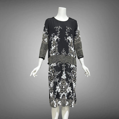 HOUSE OF ADAIR, vintage 1920s party dress, black and white shift beaded flapper dress, heavy beading