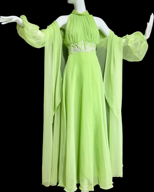 LILLIE RUBIN vintage evening dress gown, Collection 700, 1970s green chiffon gown matching scarf cape