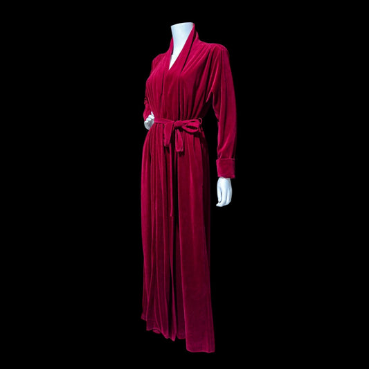 MISS DIOR Vintage dressing gown robe, 1970s Deep Red Merlot plush velvet housecoat, wrap front housecoat with pockets