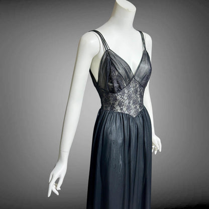 Rogers vintage 1950s Black Lace Nylon Nightgown Slip Dress
