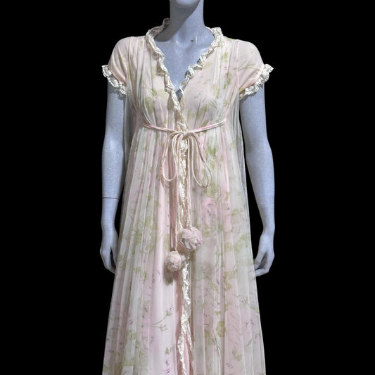 LUCIE ANN Claire Sandra, vintage 1960s Pink floral full sweep peignoir nightgown, grecian wrap pom pom dress, waterfall back robe