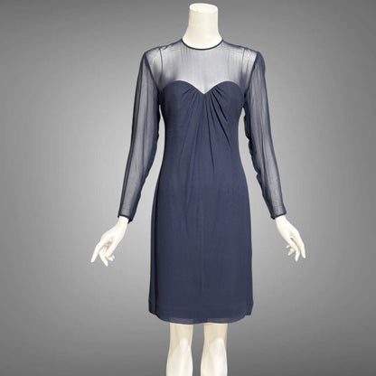 JEAN-LOUIS SCHERRER, vintage 1980s evening cocktail dress, navy blue sheer silk dress