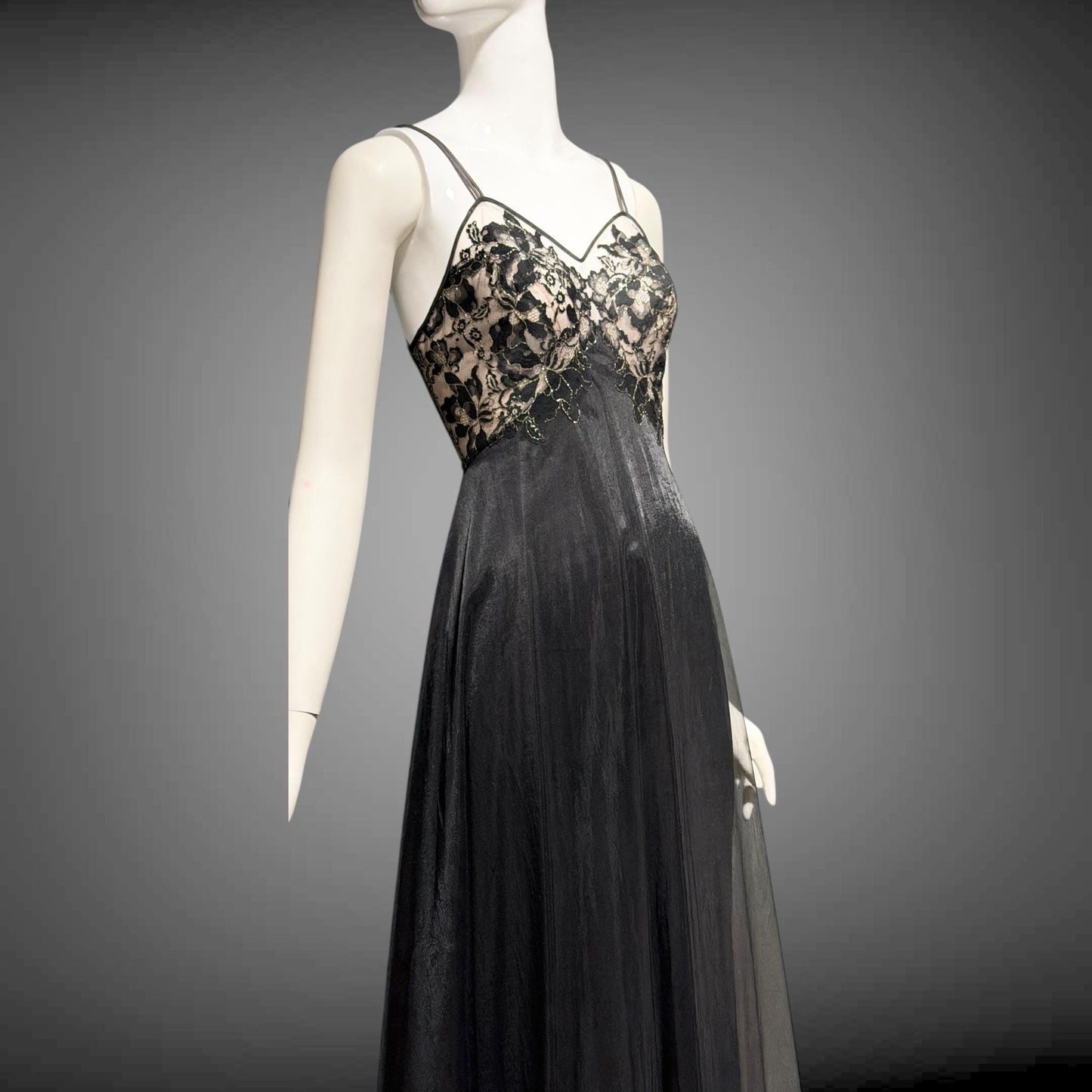 VANITY FAIR Vintage 1950s nightgown slip dress, Black Nylon Metallic Lace Lingerie dress