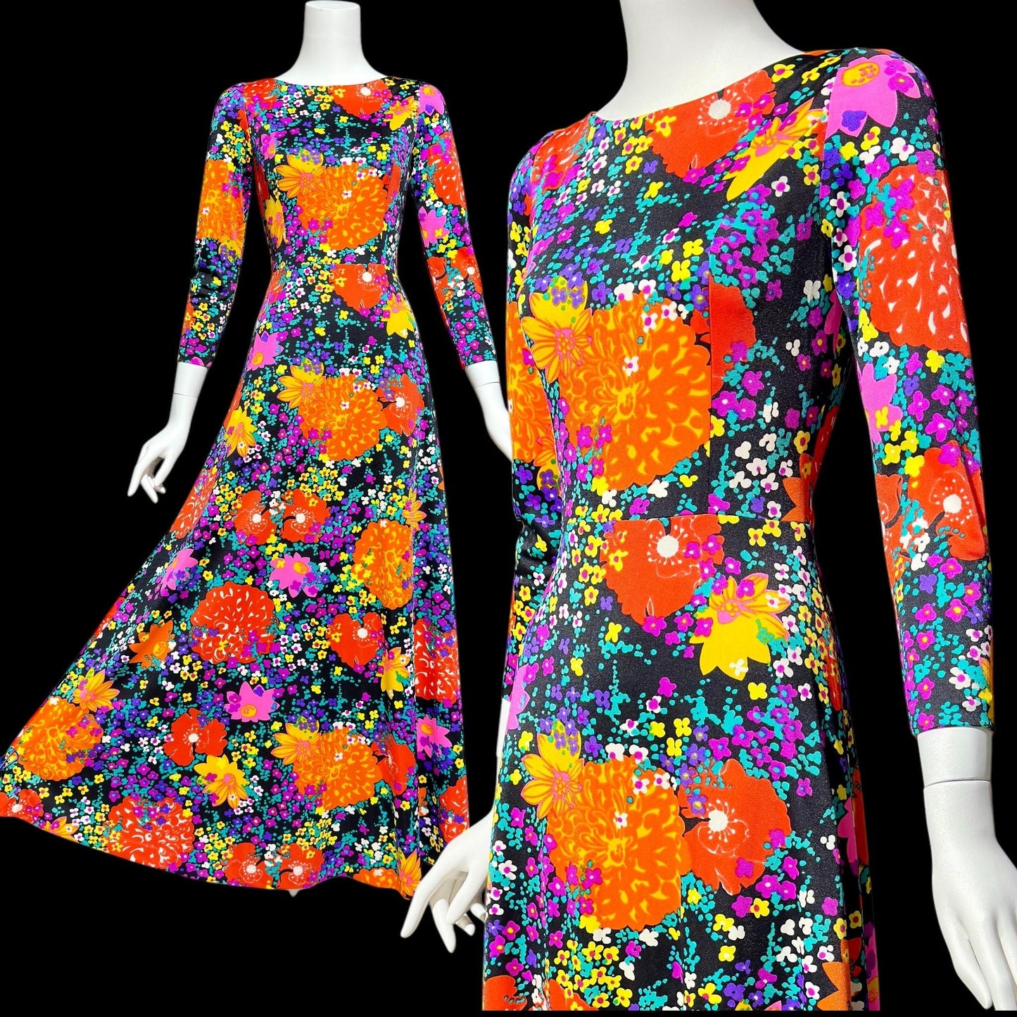 MARVELLA SCREEN PRINT, vintage 1960s neon floral maxi dress, Bold floral psychedelic dress with long sleeves