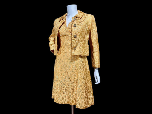 MALCOLM STARR Vintage suit dress set, 1960s Apricot shiny gold brocade cocktail evening suit ensemble, dress and matching jacket