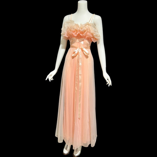 VANITY FAIR, vintage 1950s nightgown slip dress, peaches and cream sheer chiffon ruffles Grecian goddess gown
