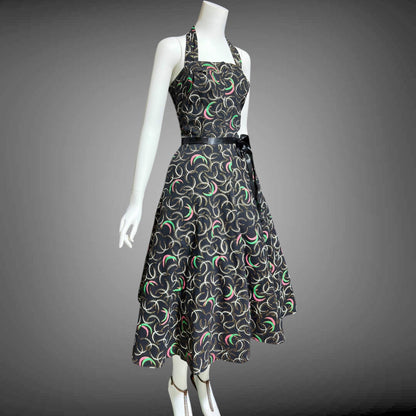 1950s vintage day dress, Shelf bust Halter Sundress, Black and pink cotton pinup dress