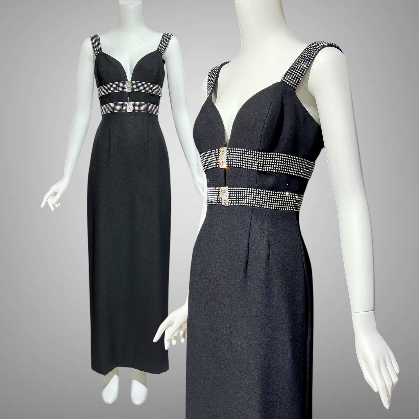 PATRICIA RHODES 1980s vintage black sheath column evening gown with rhinestone trim