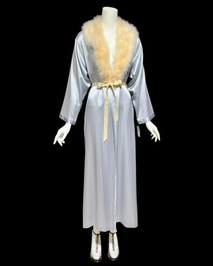 NATORI vintage 1980s dressing gown robe, shiny silver grey marabou feather trim peignoir housecoat