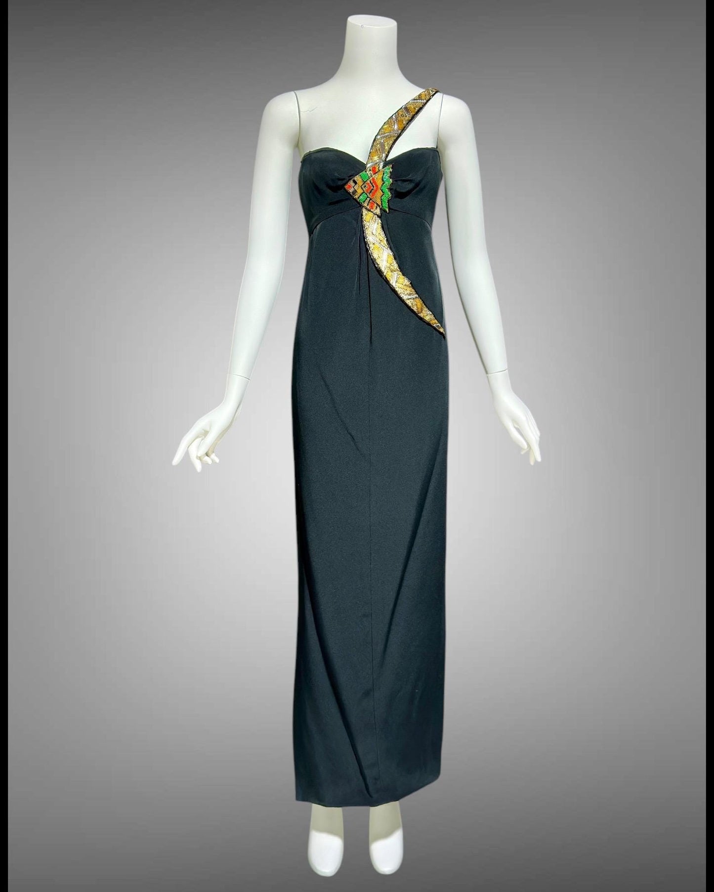 BERNARD PERRIS, vintage 1980s evening dress, black silk beaded one shoulder sheath column gown