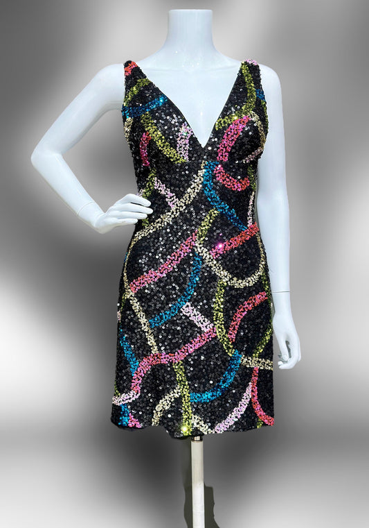 SCALA 1990s sequin cocktail party slip dress, Black silk jewel tone Mini Dress