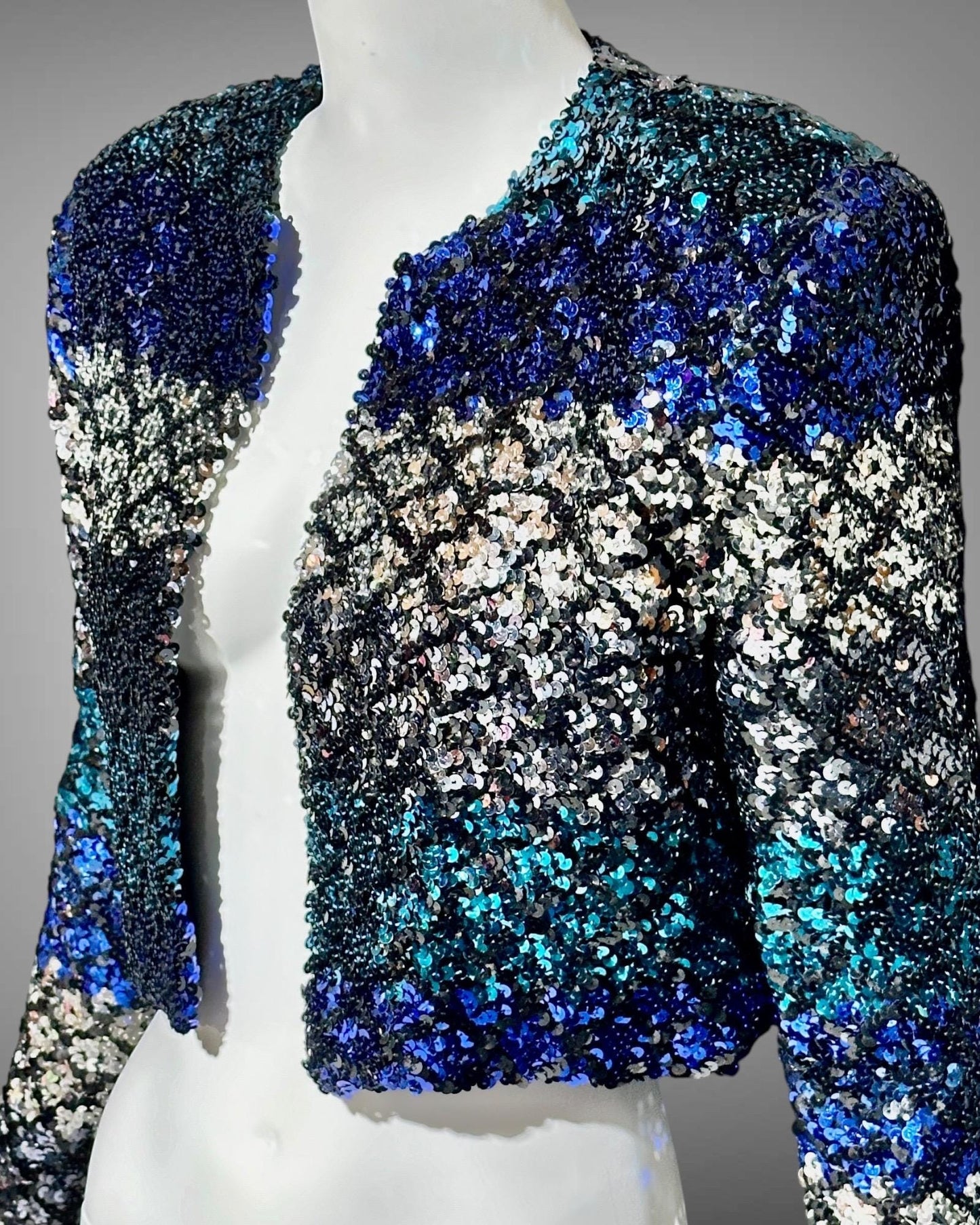 LILLIE RUBIN vintage Evening jacket, 1980s ombre sequins blue black silver cocktails party cropped jacket