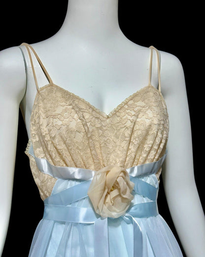 VANITY FAIR vintage 1950s nightgown, Powder Blue Nylon Lace House Dress Grecian Goddess