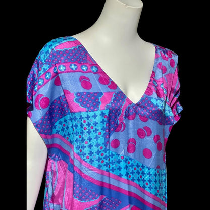 SULTANA by ADINI vintage 1970s caftan dress, blue purple and hot pink op art rayon