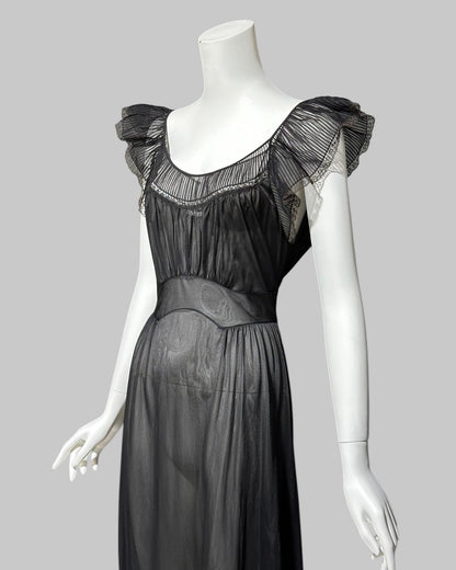 KAYSER vintage 1950s nightgown slip dress, ethereal sheer black chiffon and lace micro pleat gown