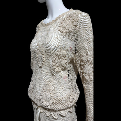 1970s vintage crochet dress, 2 pieces, Cotton blouson top & maxi skirt
