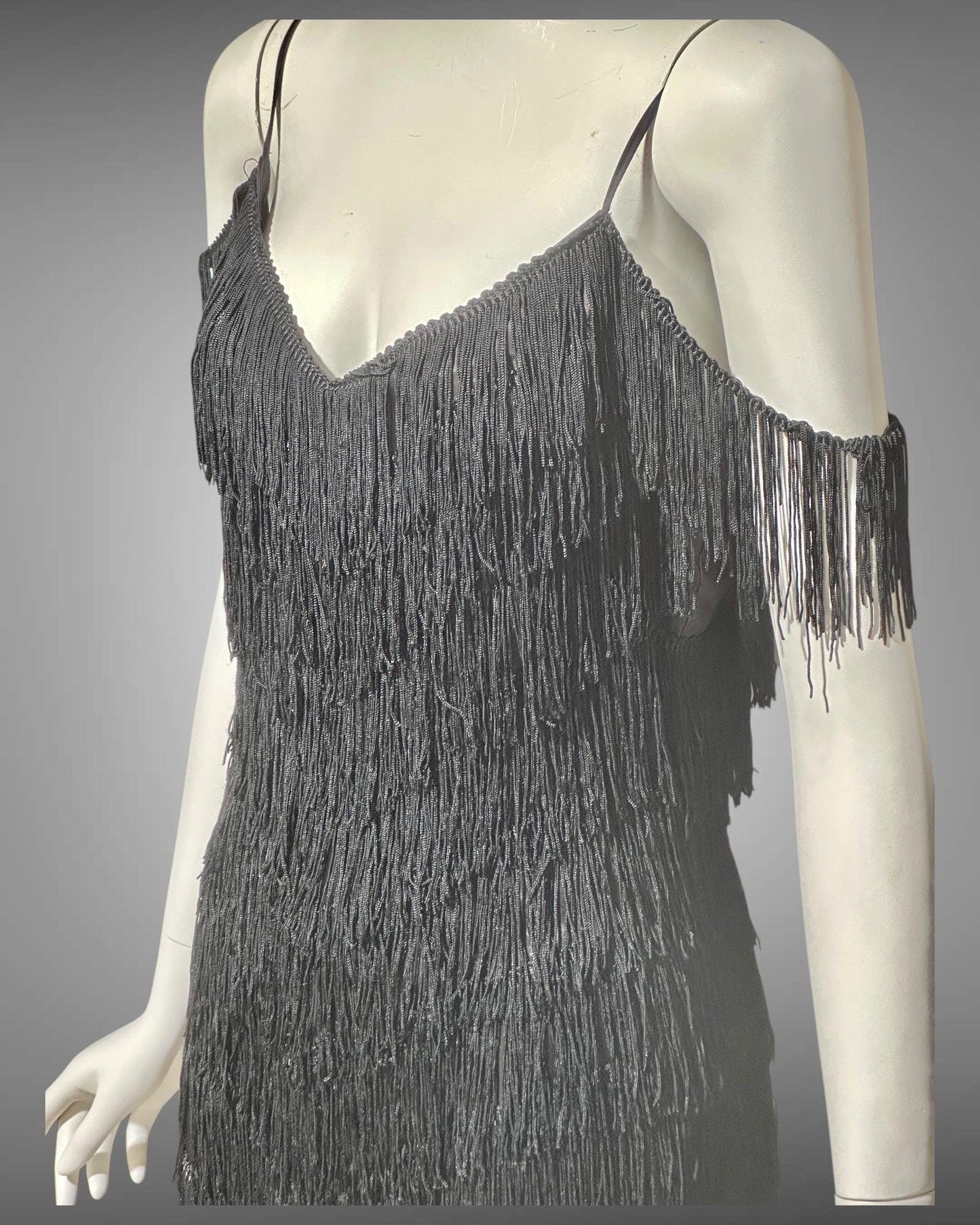 TD4 vintage 1980s Fringed evening cocktail dress, black mini party flapper slip dress