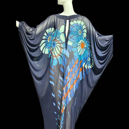 GOTTEX Vintage 1970s sheer kaftan caftan style dress, Sheer nylon navy blue Abstract flowers