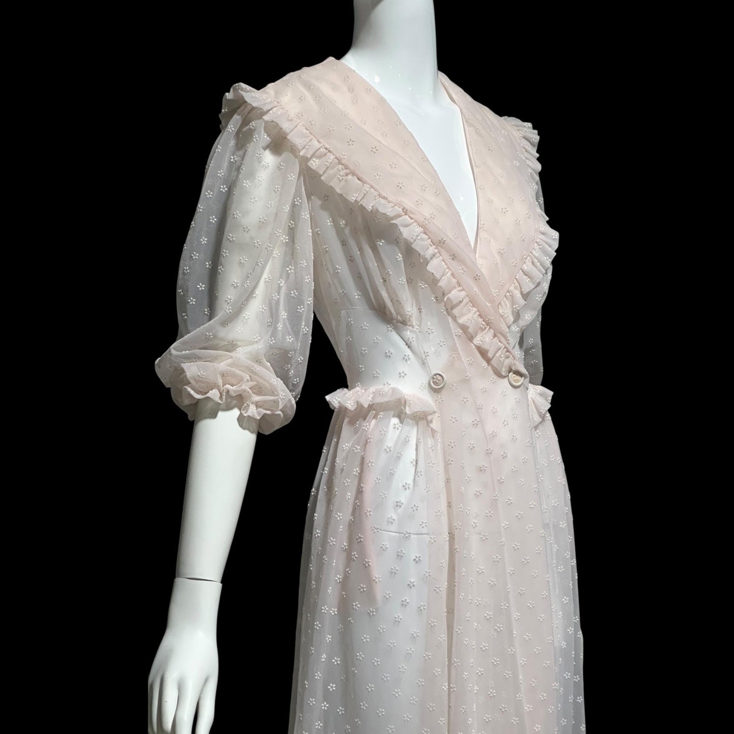 VANITY FAIR, 1940s Sheer Dressing Gown: Vintage Pink Flocked Robe, Wrap front