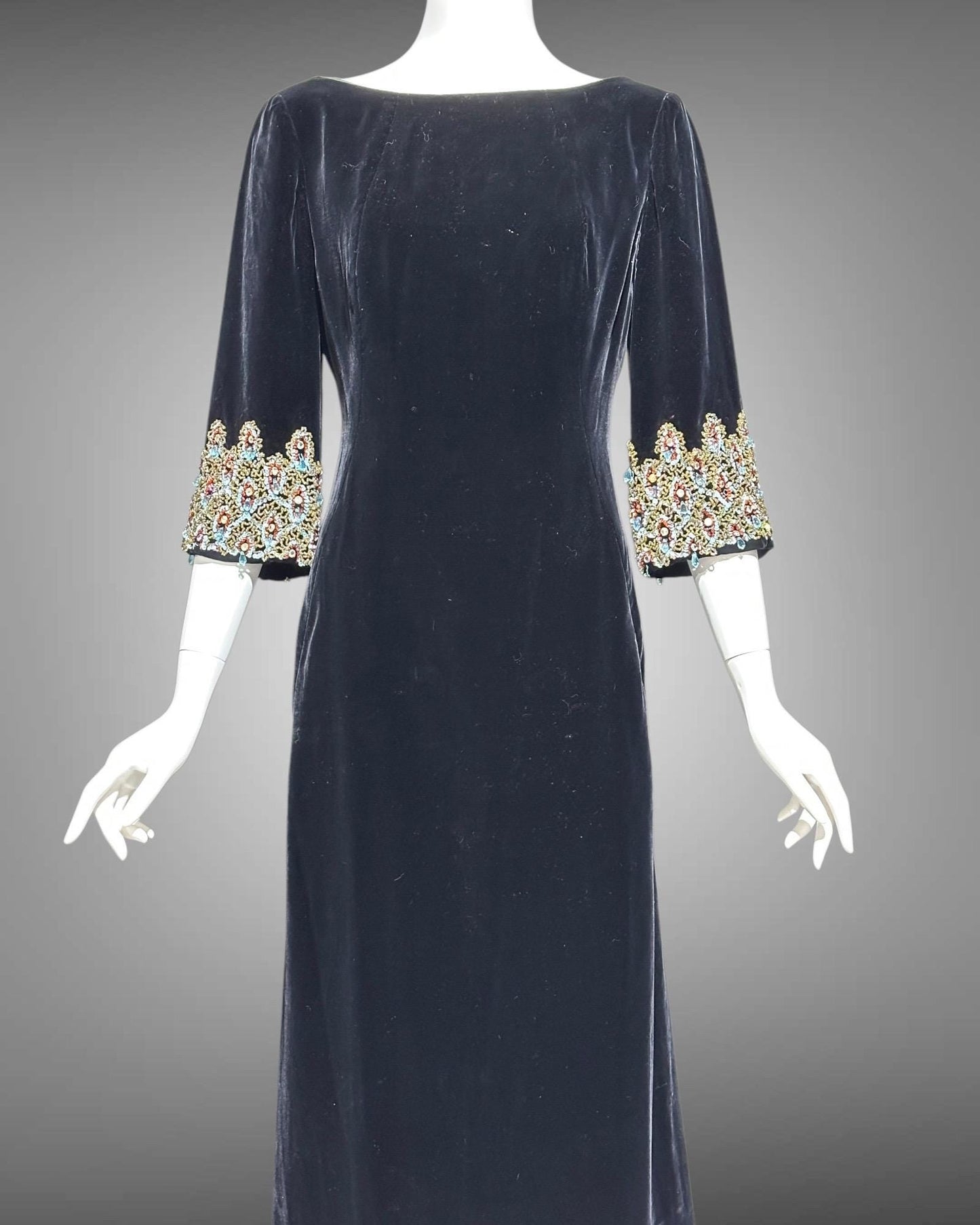 CAMEO vintage evening dress, for Bonwit Teller, 1960s black velvet beaded gown