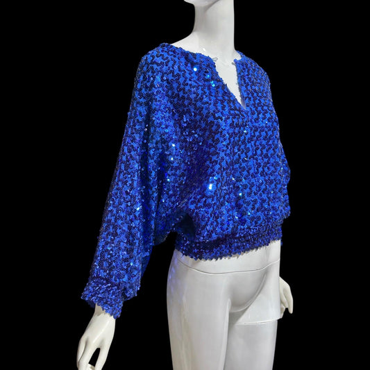MISTER JAY vintage 1970s sequin disco sweater, Royal blue knit batwing evening cropped top, stretchy