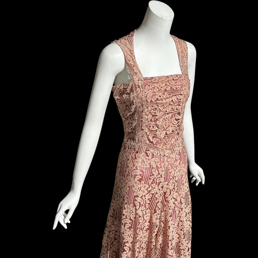 1930s vintage evening dress, Dusty pink lace sheath gown, fully lined