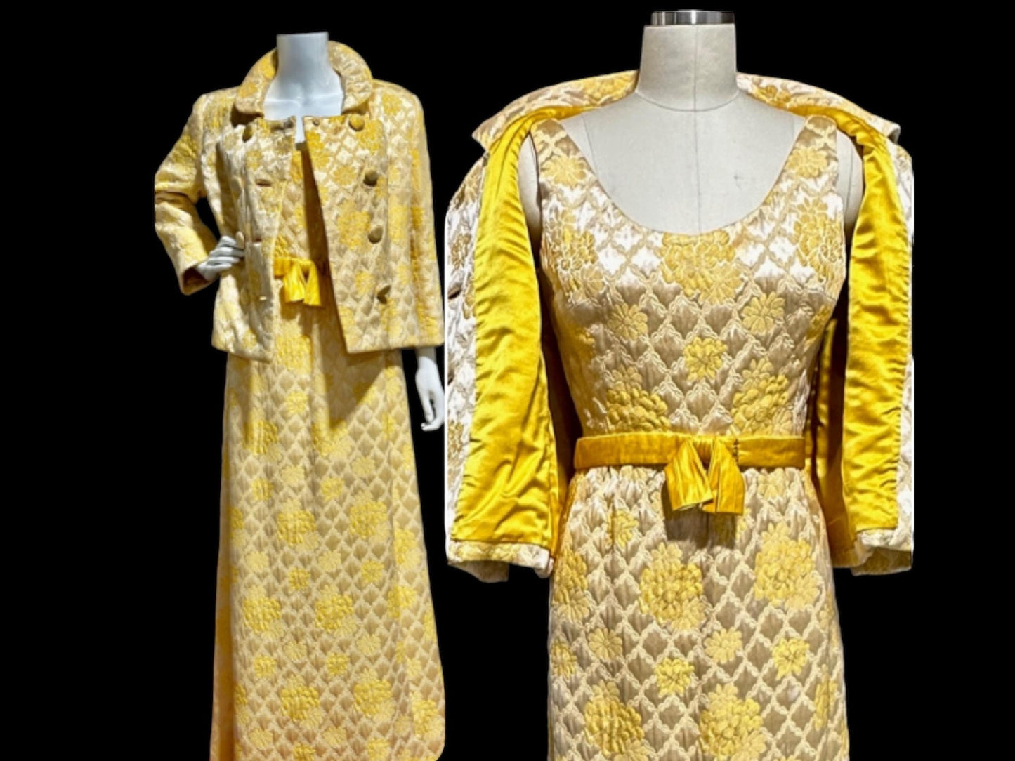 MOLLIE PARNIS Nan Duskin 1960s vintage evening dress, gold floral silk damask 2 pc gown and matching coat ensemble