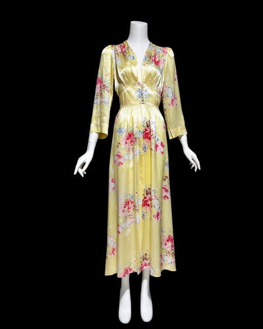 RADCLIFFE vintage 1940s satin dressing gown, yellow and pink floral satin button front house coat, 34 bust