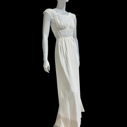 ARISTOCRAFT vintage 1940s nightgown slip dress, white sheer lace gown, bridal negligee lingerie dress