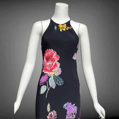 1990s vintage bias cut dress, Bodycon rose flower print evening sheath slip dress, maxi dress