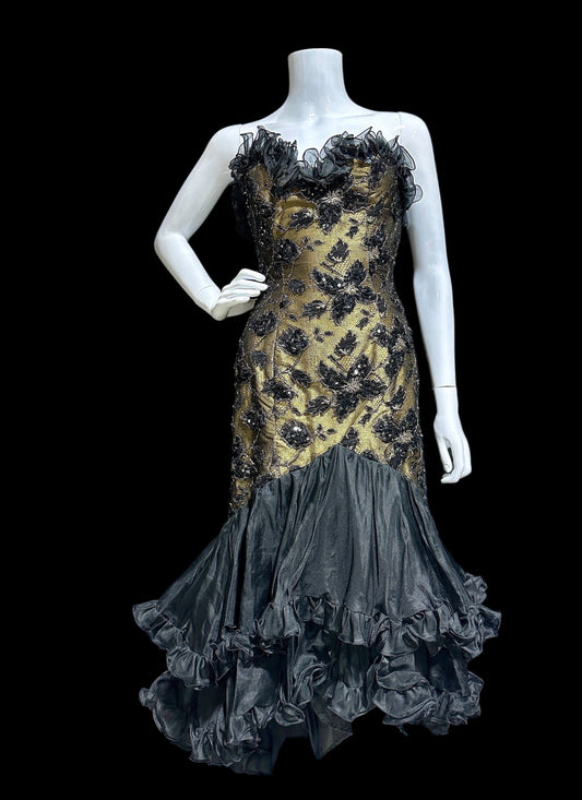 DAVID FIELDEN vintage evening dress gown, 1980s Party Dress, All Silk Hi Low Ruffle cocktail dress