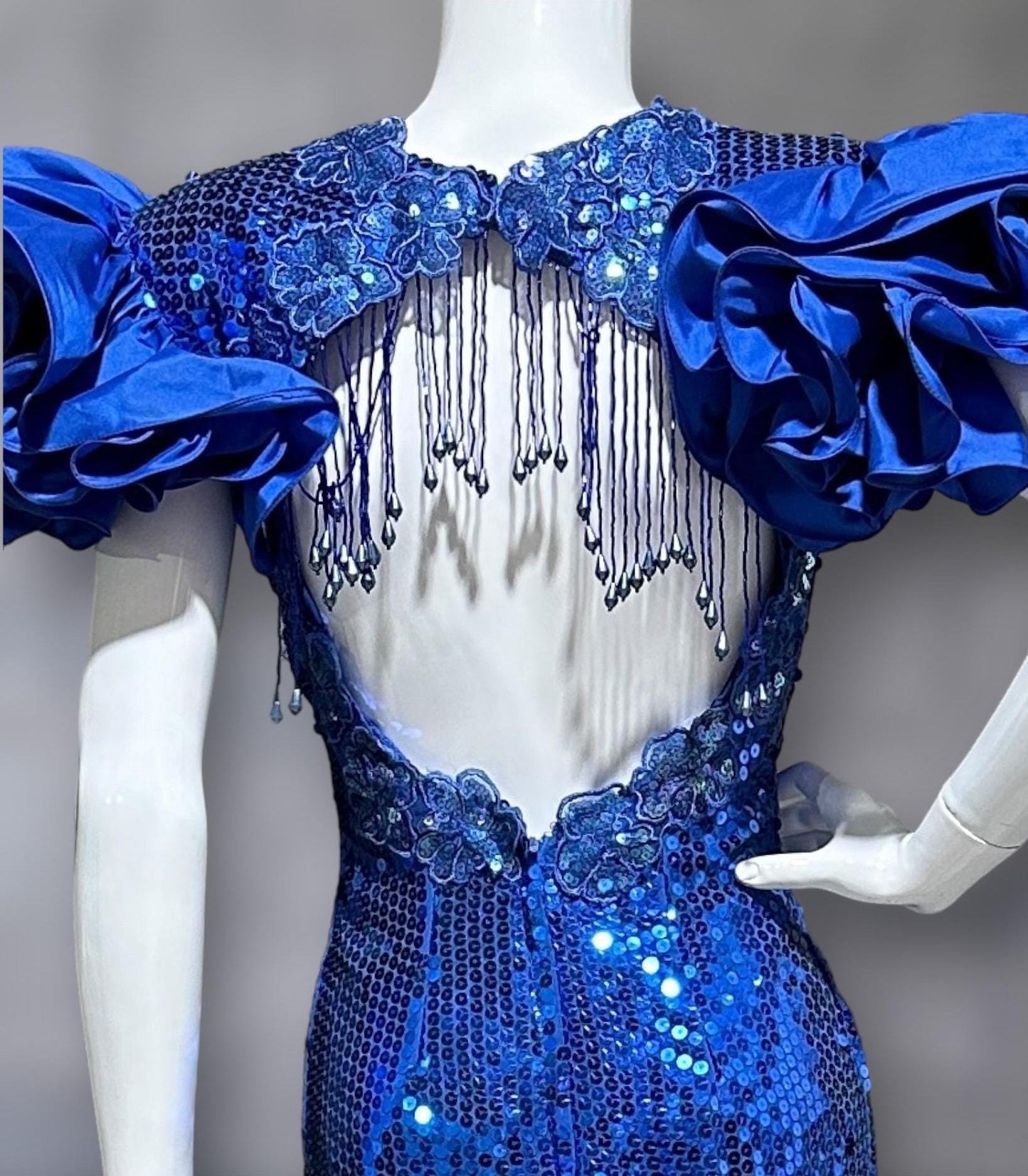 ALYCE DESIGNS 1980s vintage dynasty glam evening gown, Sapphire blue sequins sheath dress, ruffles open back