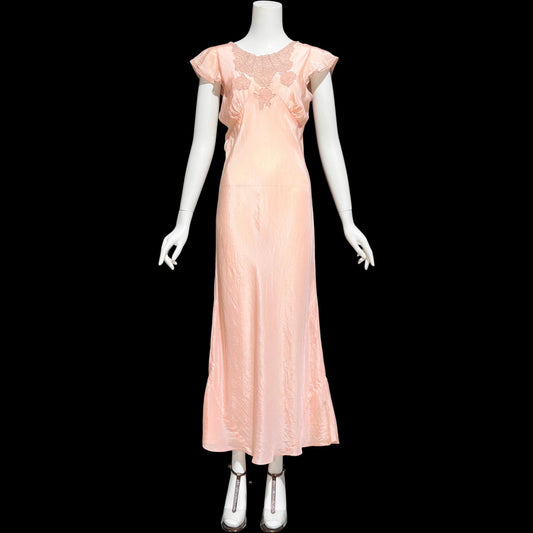 1930s Rayon Slip Dress: Vintage Bias Cut Shiny Peachy Pink Nightgown, Lace Trim
