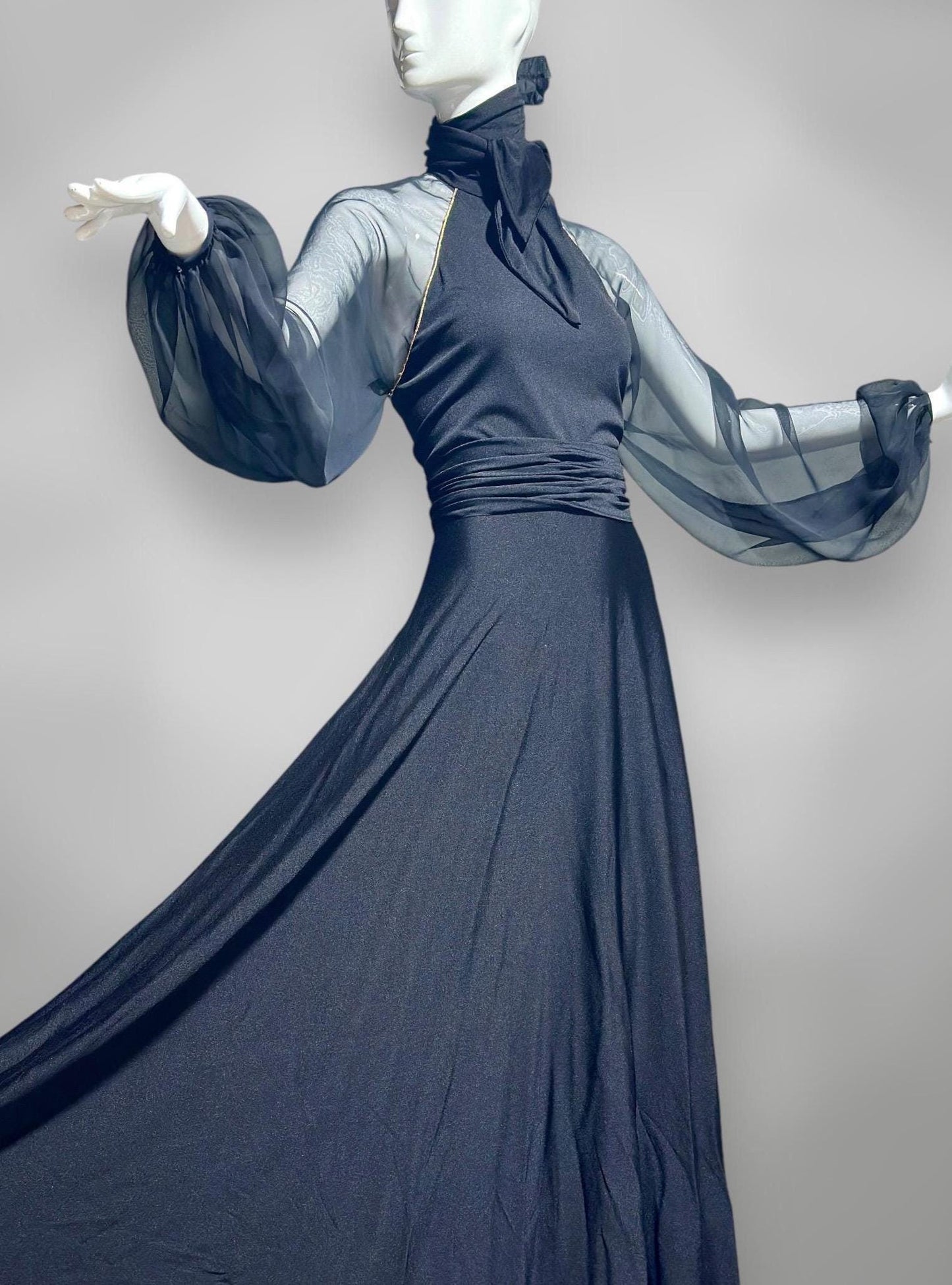 LILLIE RUBIN Collection 700, vintage 1970s evening gown, inky black jersey knit and chiffon ball gown