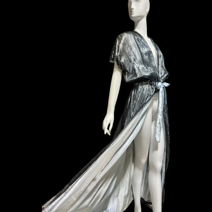 JUVENTA vintage 1930s dressing gown robe, sheer black lace with blue satin peignoir housecoat, Made in France