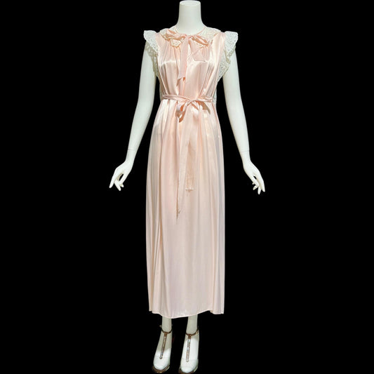 GODFRIED, vintage 1940s nightgown, Pink Bur-mil Rayon with white eyelet lace and waterfall back