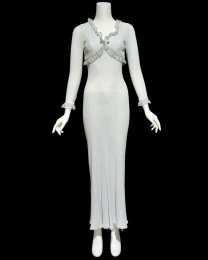 1970s vintage evening dress, bodycon knit Silver Metallic Lurex Sheath Maxi Dress