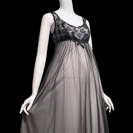 Warner's vintage 1960s peignoir set, frothy sheer black and pink chiffon nightgown robe set