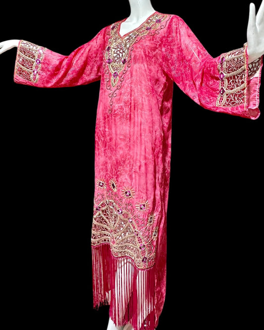 I MAGNIN 1980s vintage caftan dress, embroidery, beads, mirrors & cut work, sheer pink evening kaftan gown with Fringe